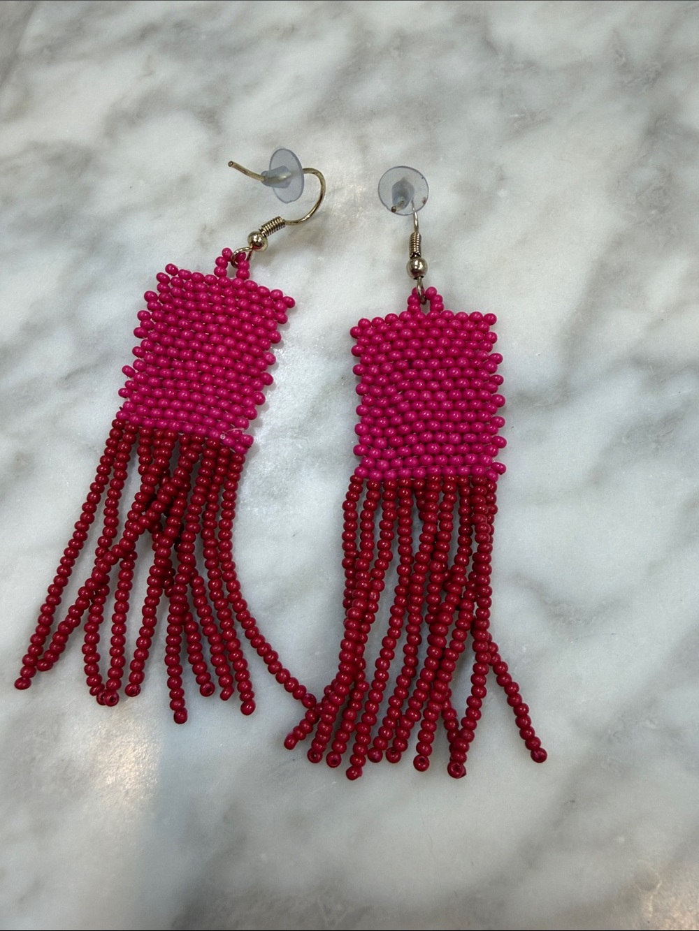 Bright Pink and Red Beaded Fringe Earrings for Women